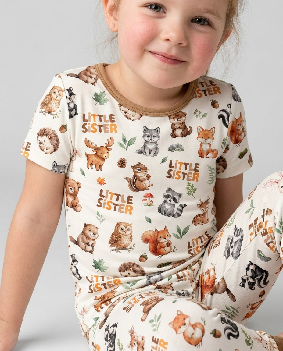 Custom Quote Woodland Animal Matching Sibling Bamboo Two Piece Short Sleeve Pajama Set