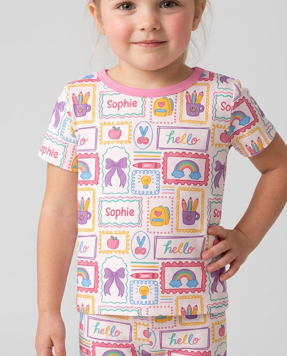 Custom Name Hello School Bamboo Two Piece Short Sleeve Pajama Set
