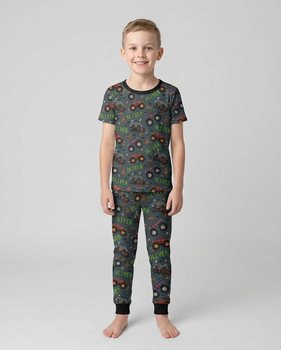Custom Name Haunted Monster Trucks  Bamboo Two Piece Short Sleeve Pajama Set