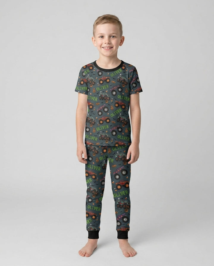 Custom Name Haunted Monster Trucks  Bamboo Two Piece Short Sleeve Pajama Set