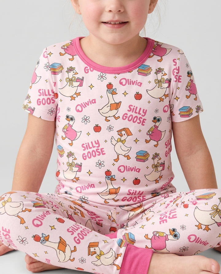 Custom Name Silly Goose Back to School Bamboo Two Piece Short Sleeve Pajama Set