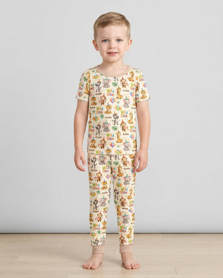 Custom Name 1st Birthday Wild One Bamboo Two Piece Short Sleeve Pajama Set