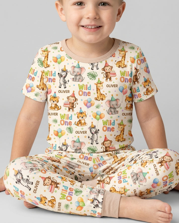 Custom Name 1st Birthday Wild One Bamboo Two Piece Short Sleeve Pajama Set