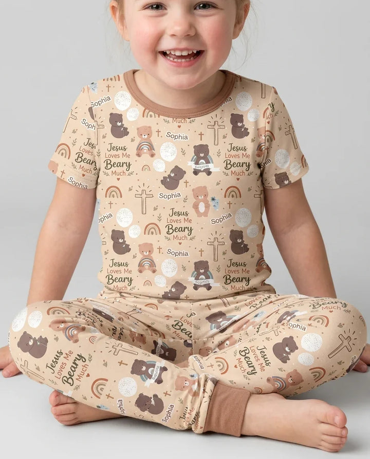 Custom Name Jesus Loves Me Beary Much Bamboo Two Piece Short Sleeve Pajama Set