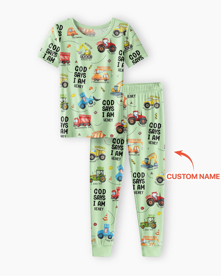 Conjunto de Pijama de Dos Piezas de Bambú para Niño con Manga Corta "God Says I Am" con Nombre Personalizado