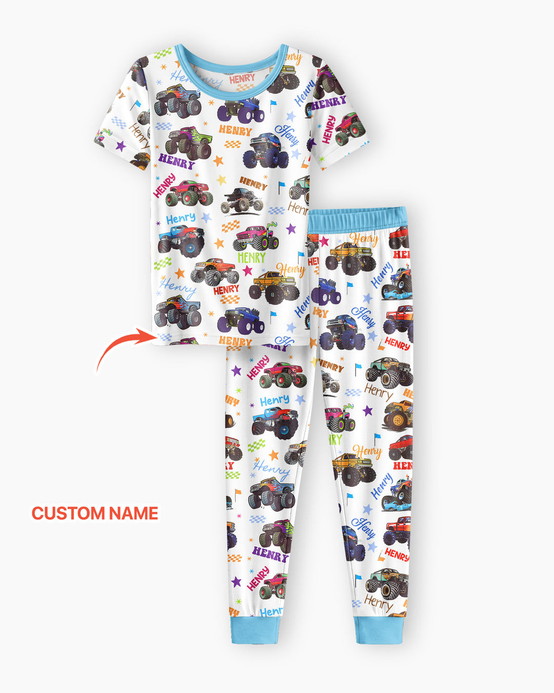 Monster Truck Custom Name Bamboo Two Piece Short Sleeve Pajama Set