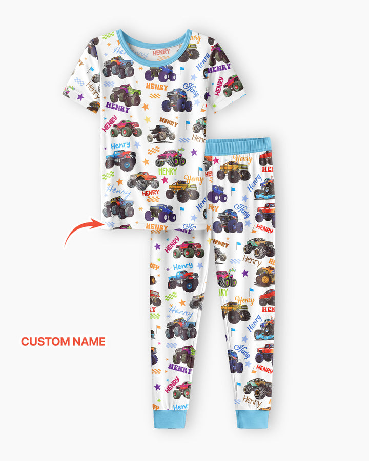 Monster Truck Custom Name Bamboo Two Piece Short Sleeve Pajama Set
