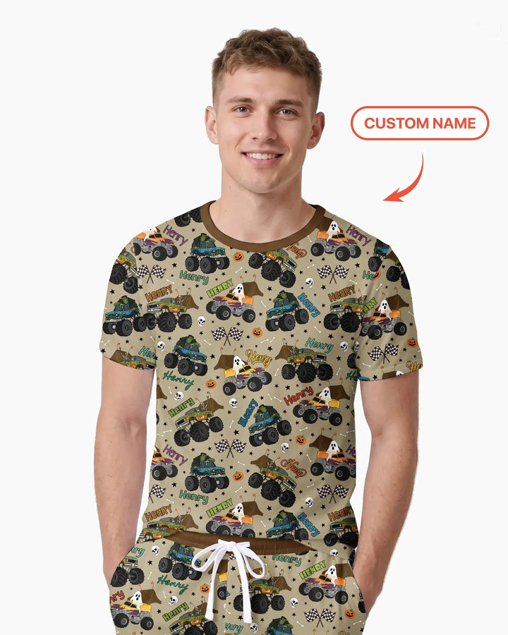Custom Name Halloween Creepy Crusher Family Matching Bamboo Men Short Sleeve Short Pajama Set