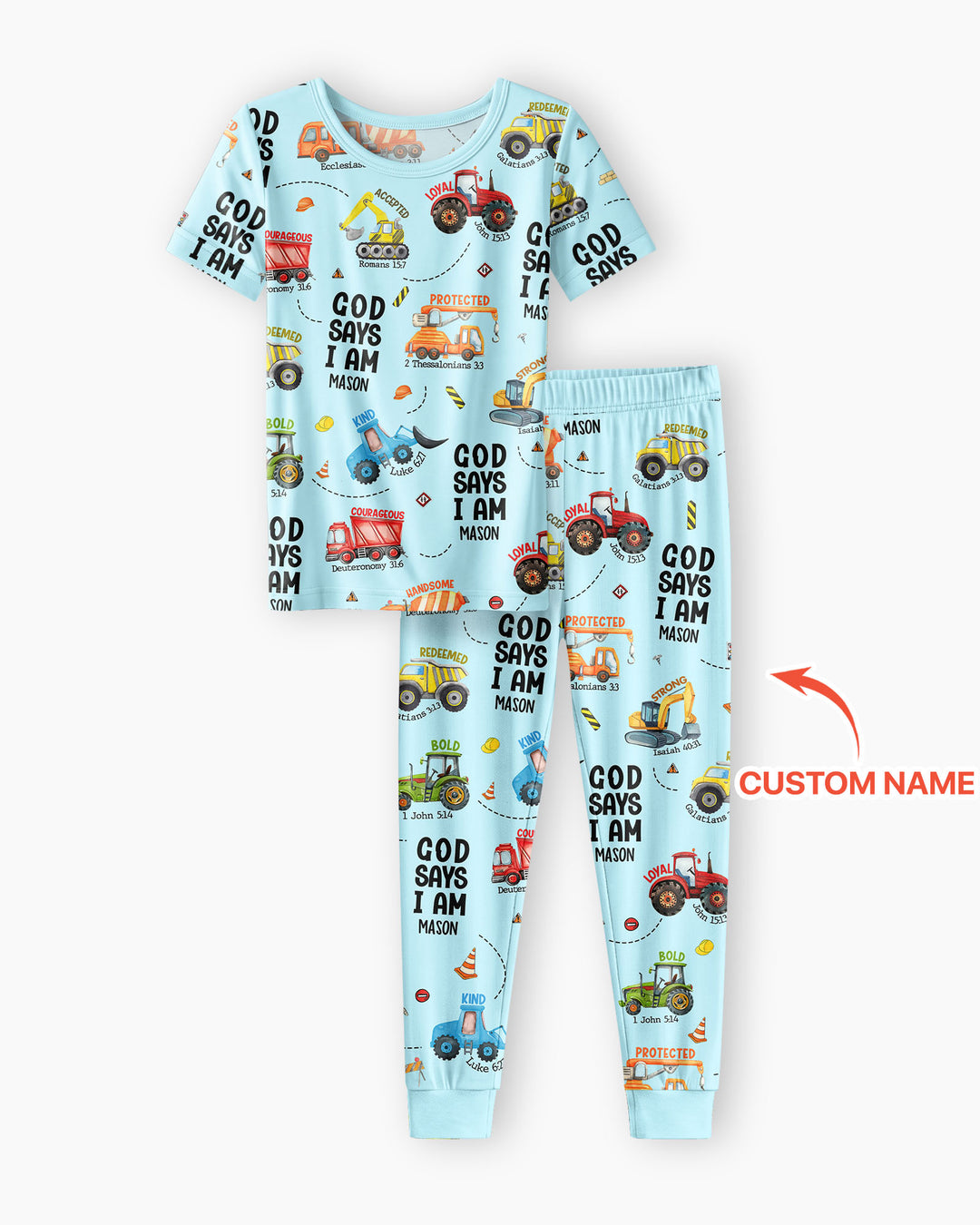 Conjunto de Pijama de Dos Piezas de Bambú para Niño con Manga Corta "God Says I Am" con Nombre Personalizado