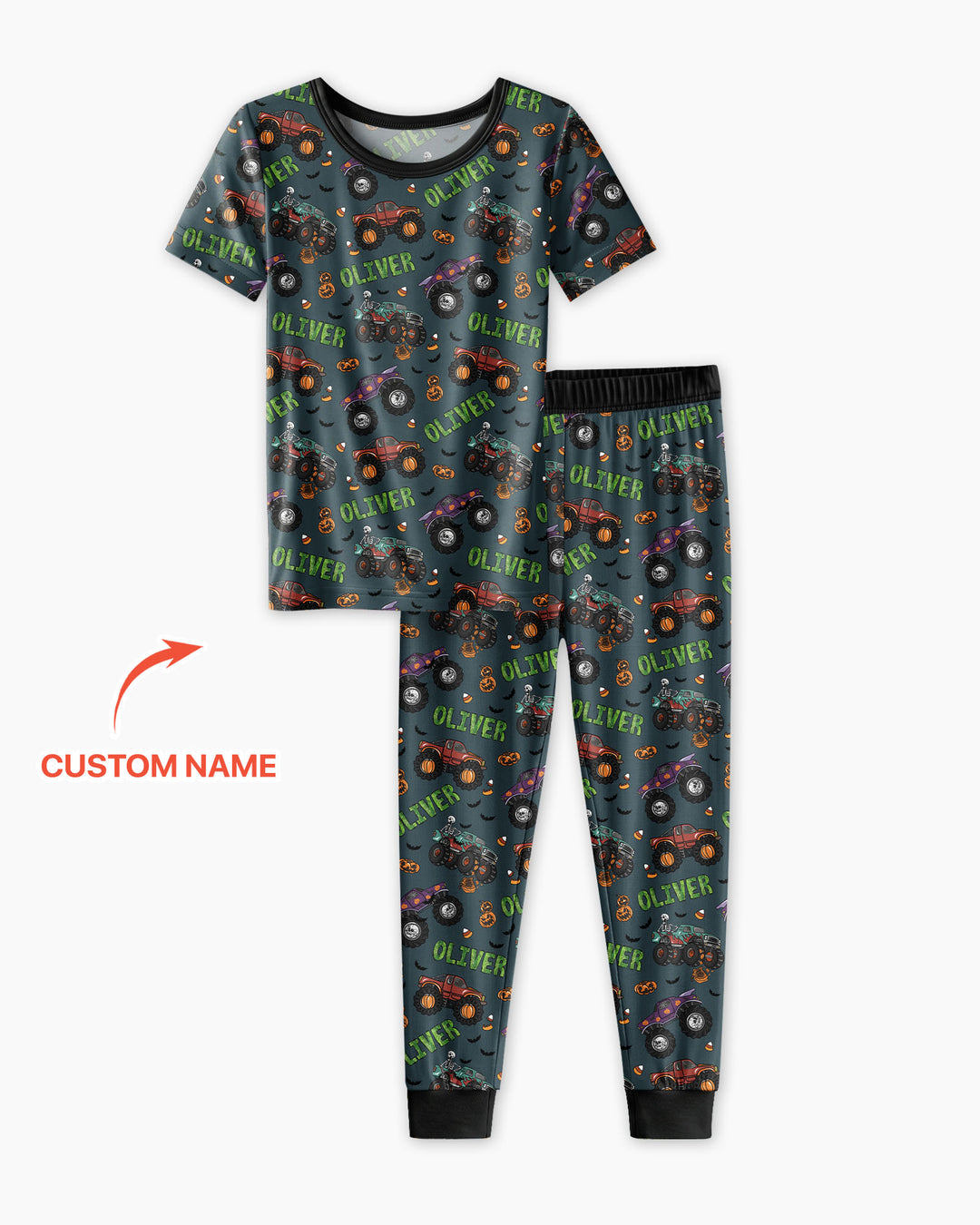 Custom Name Haunted Monster Trucks  Bamboo Two Piece Short Sleeve Pajama Set