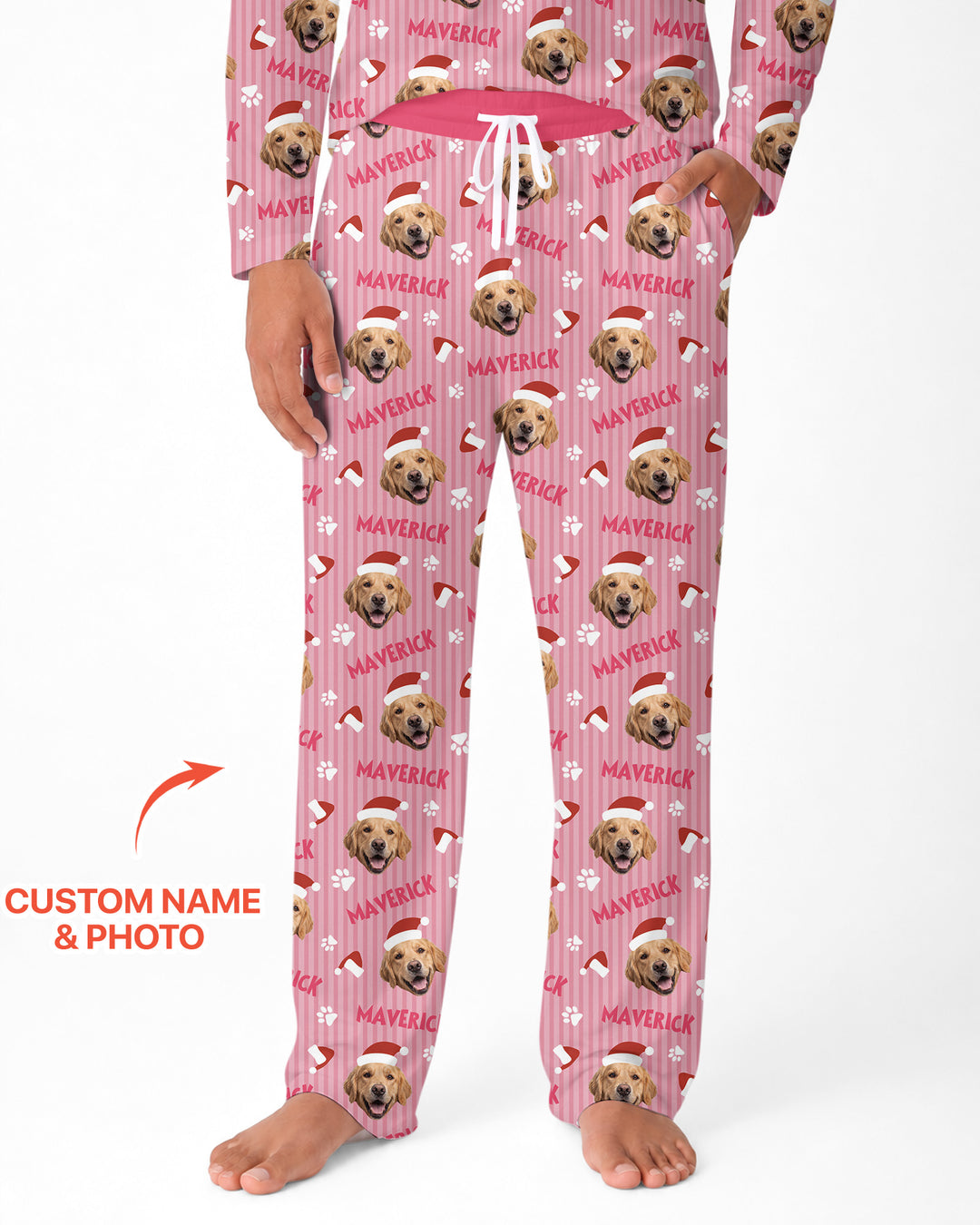 Custom Pet Photo Christmas Paws Stripe Bamboo Men's Pajama Set