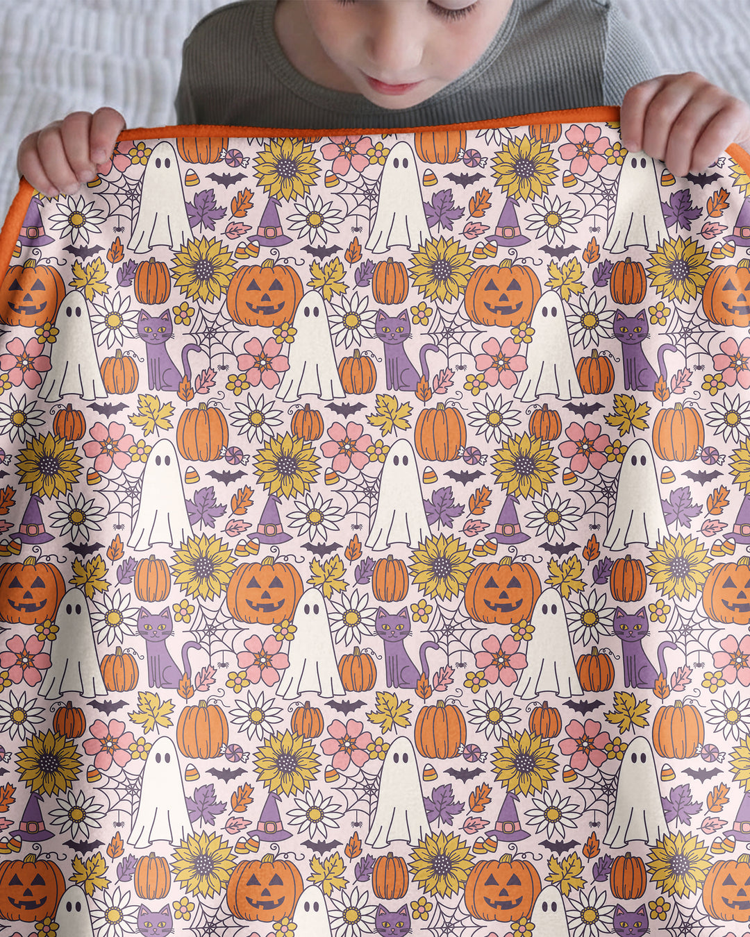Ghost Pumpkin Fall Floral Halloween Bamboo Blanket