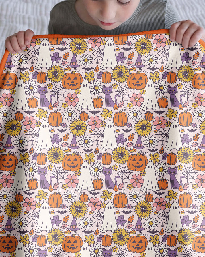 Ghost Pumpkin Fall Floral Halloween Bamboo Blanket