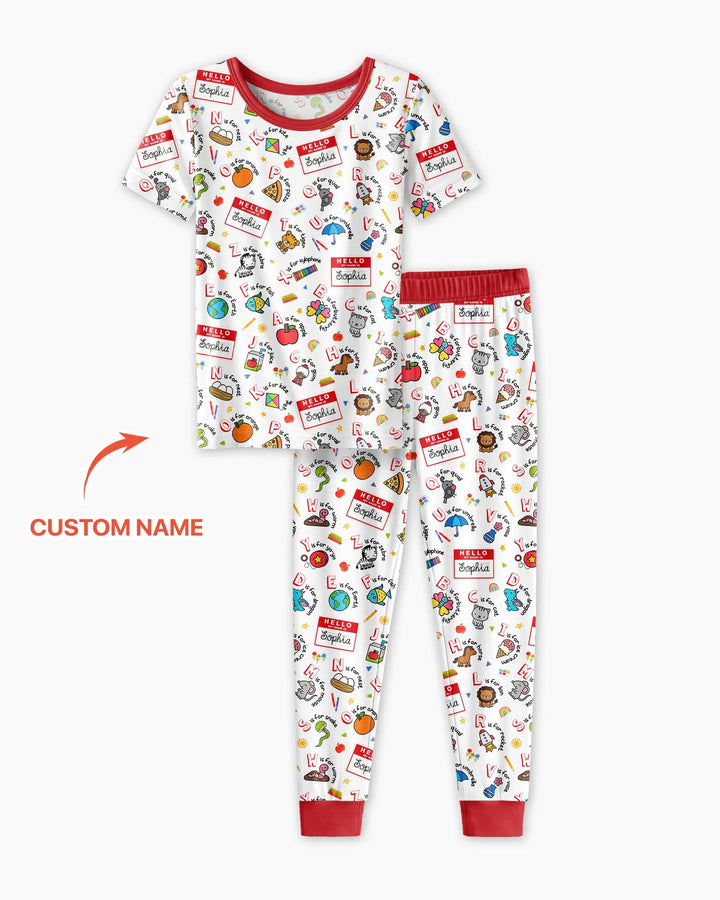 Custom Name Hello School ABCs Bamboo Two Piece Short Sleeve Pajama Set
