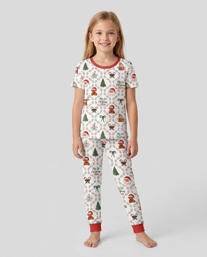 Custom name "Fancy Monogram Red Christmas 2026" Bamboo Two Piece Short Sleeve Pajama Set