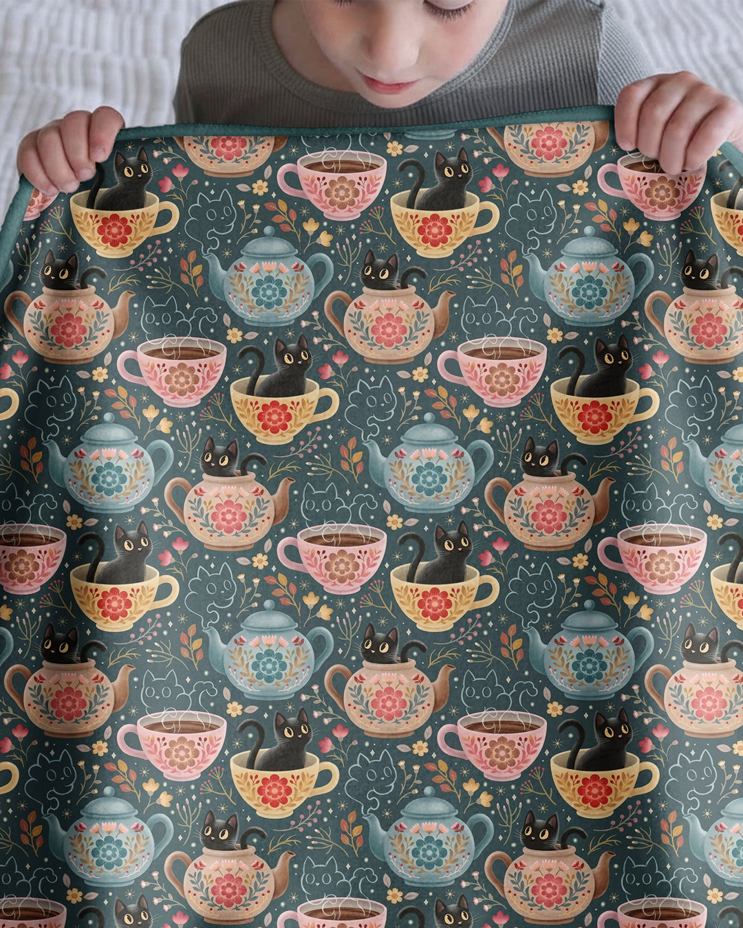 Folk Floral Black Cat Tea Party Bamboo Blanket