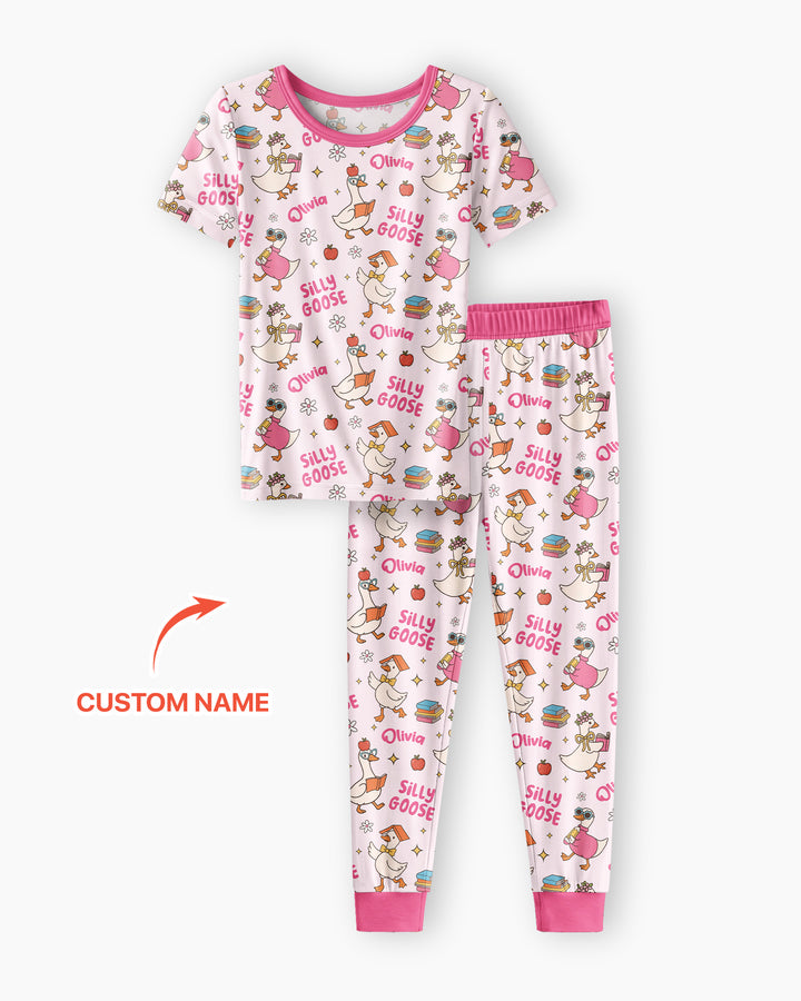 Custom Name Silly Goose Back to School Bamboo Two Piece Short Sleeve Pajama Set