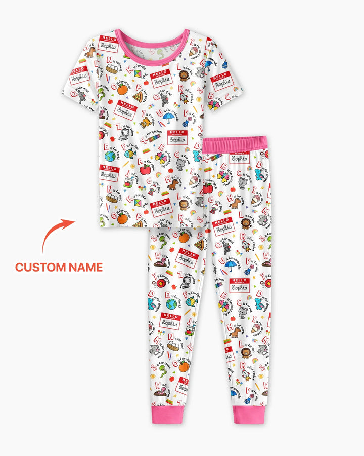 Custom Name Hello School ABCs Bamboo Two Piece Short Sleeve Pajama Set