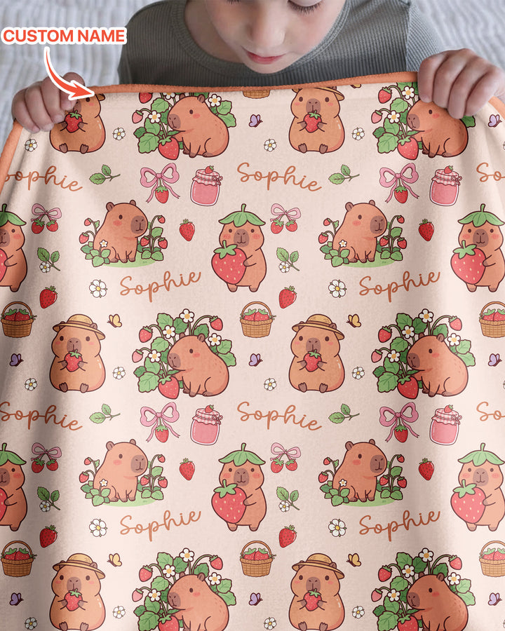 Custom Name Capybara Strawberry Bamboo Blanket