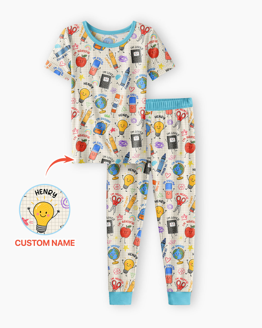 School Squad Custom Name Bamboo Two Piece Short Sleeve Pajama Set