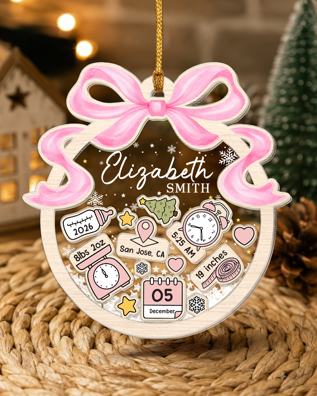 Personalized Baby's First Christmas Shaker Ornament-  Coquette Bow Newborn Keepsake