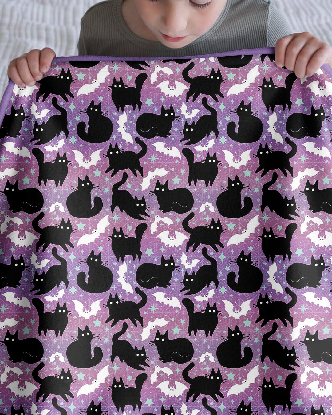 Spooky Black Cat Halloween Purple Bats Bamboo Blanket