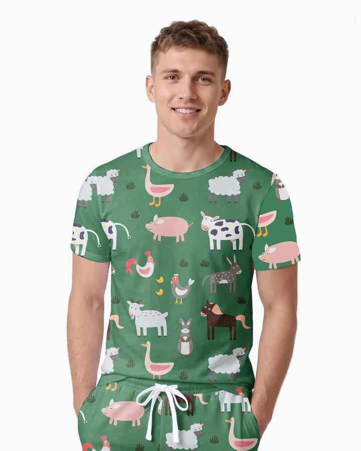 Green farm animals Bamboo Men Short Sleeve Short Pajama Set