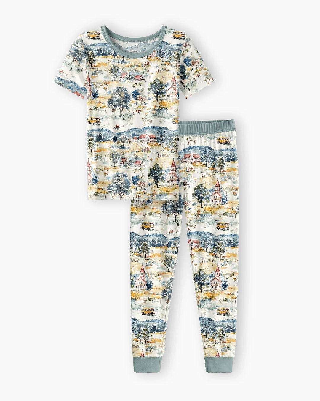 Whimsical Watercolor School Village Bamboo Two Piece Short Sleeve Pajama Set