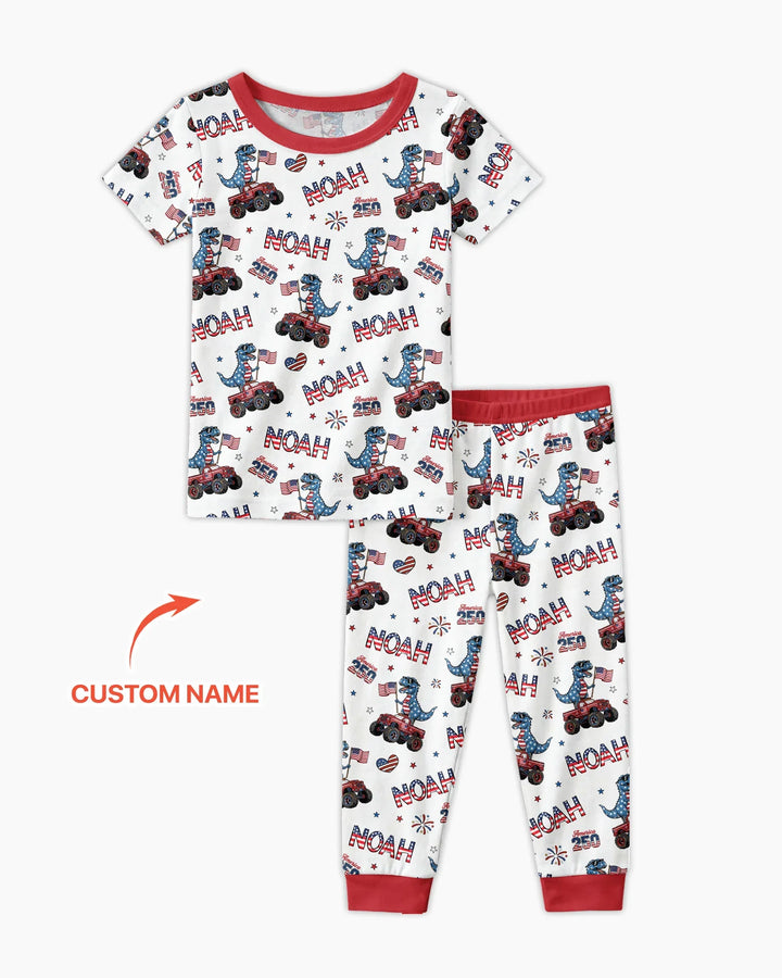 Custom Name American Flag Dinosaur Bamboo Two Piece Short Sleeve Pajama Set