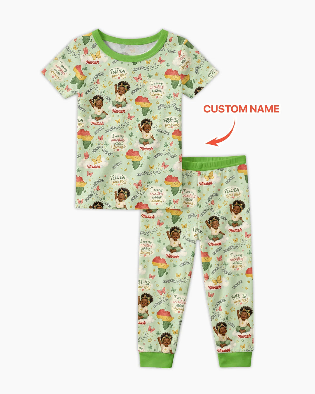 Custom Name Juneteenth I Am My Ancestors' Wildest Dream Bamboo Two Piece Short Sleeve Pajama Set
