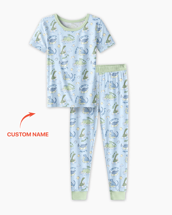 Dinos Swimming Custom Name Bamboo Two Piece Short Sleeve Pajama Set