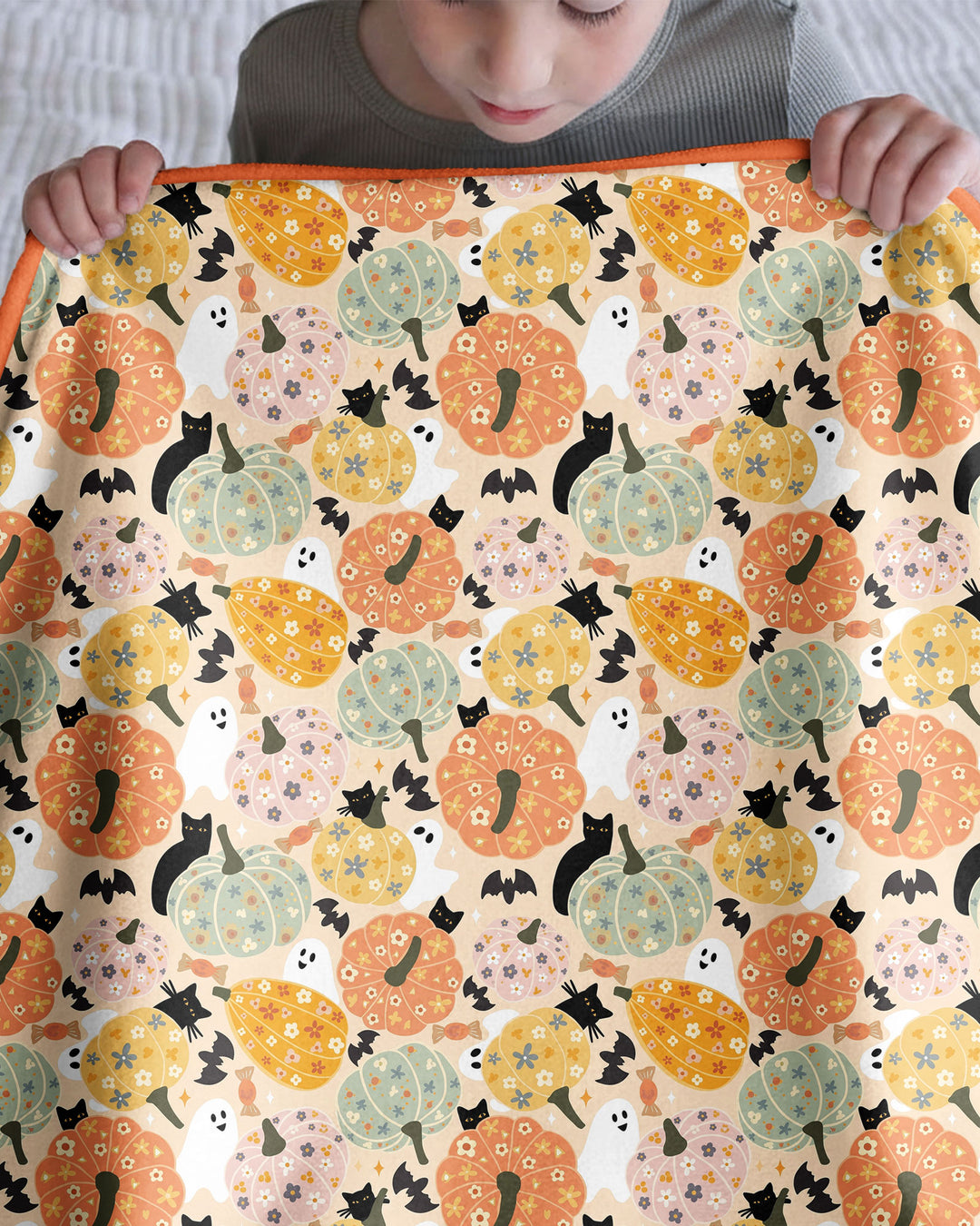 Floral Pumpkin Ghost Halloween Bamboo Blanket
