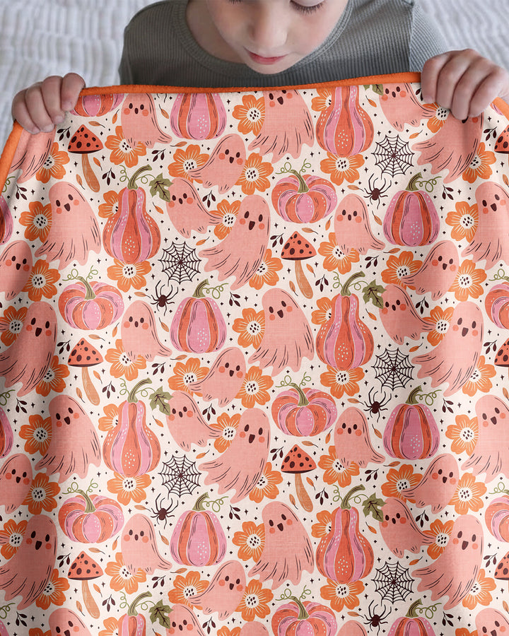 Pink Ghost Pumpkin Fall Floral Halloween Bamboo Blanket