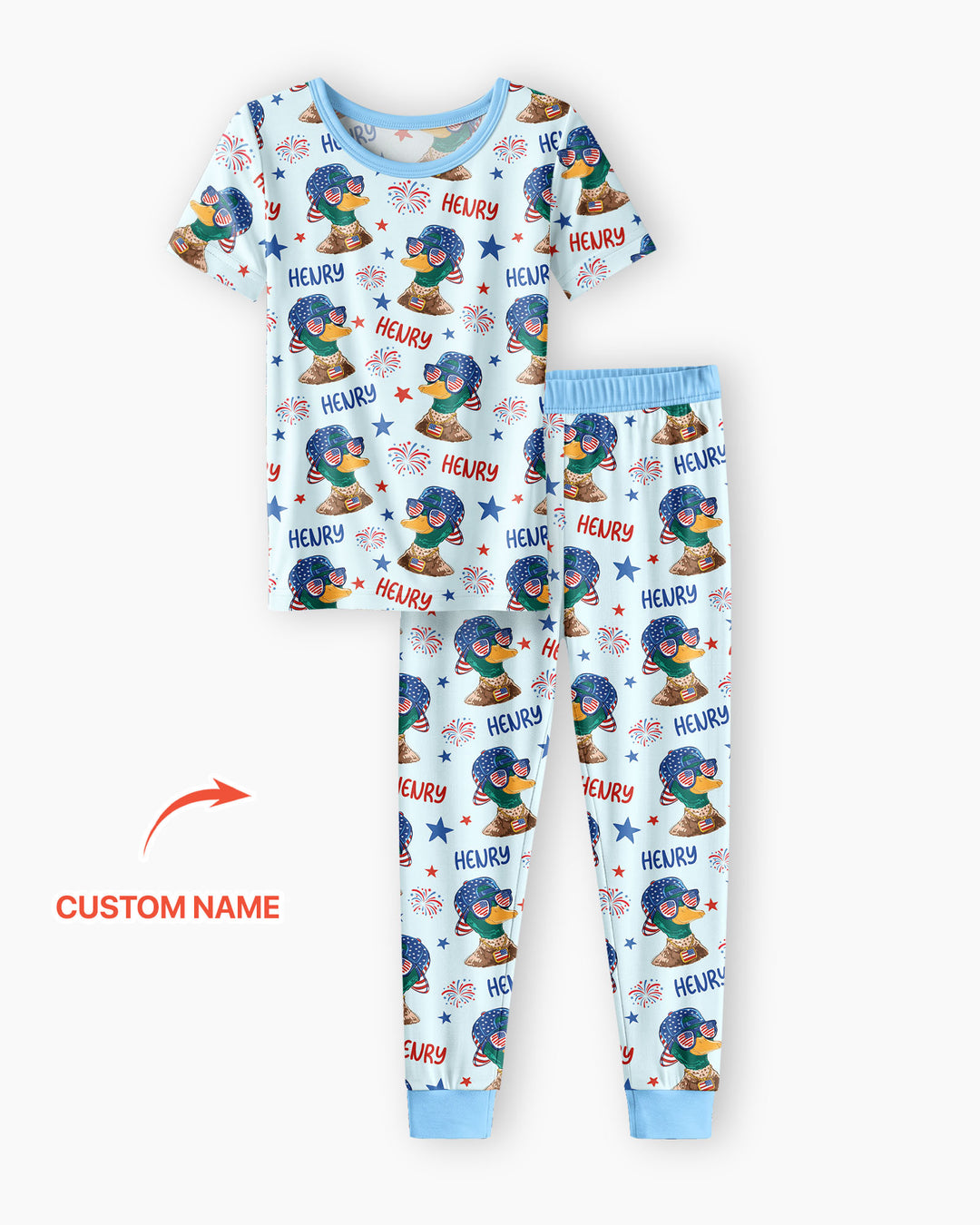 Custom Name Patriotic Mallard Duck Bamboo Two Piece Short Sleeve Pajama Set
