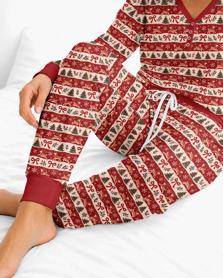 Vintage Reindeer Christmas Stripes Bamboo Women Pajama Set