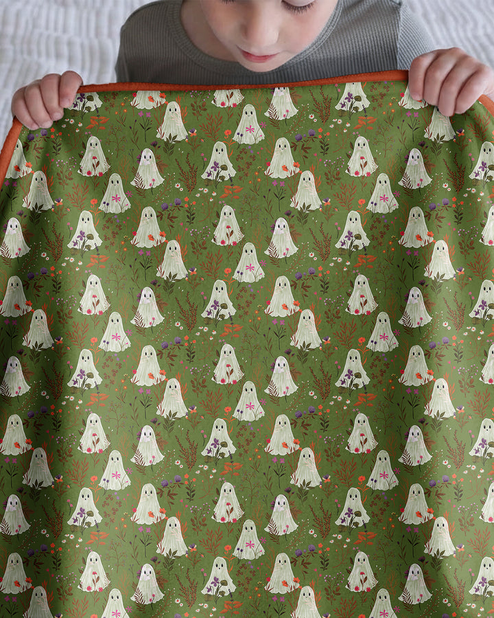 Cute Ghost Halloween Moss Green Floral Bamboo Blanket