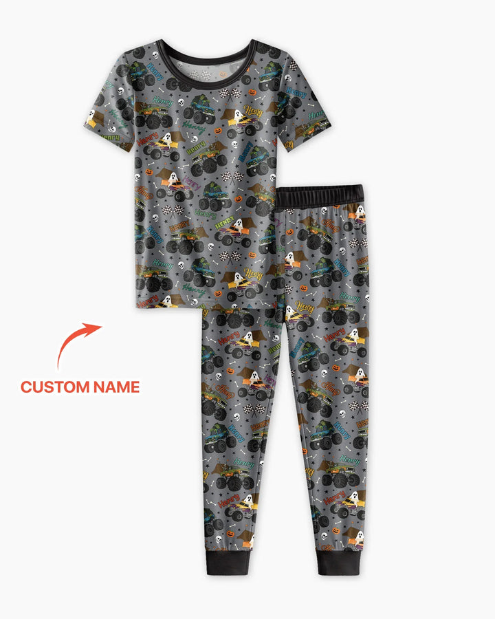 Custom Name Halloween Creepy Crusher Family Matching Bamboo Two Piece Short Sleeve Pajama Set