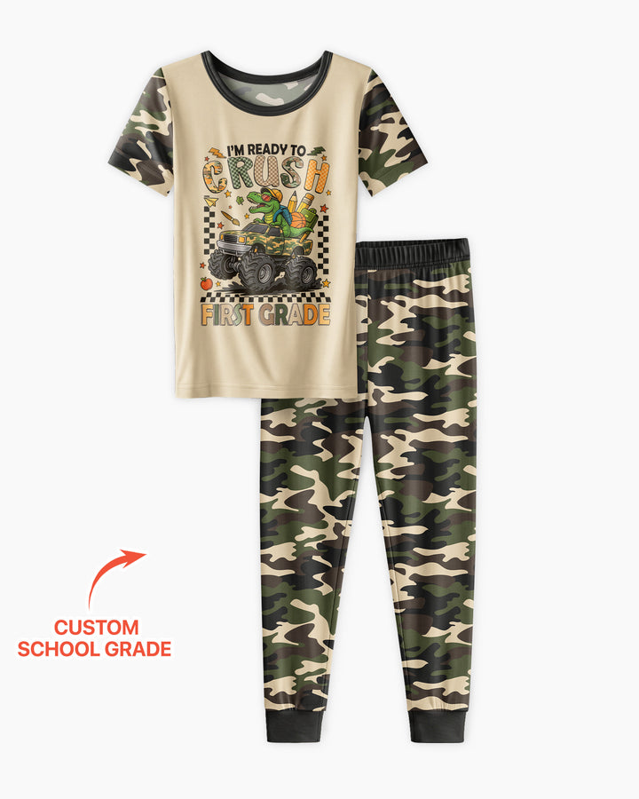 Back To School Monster Truck Dino Bamboo Two Piece Short Sleeve Pajama Set