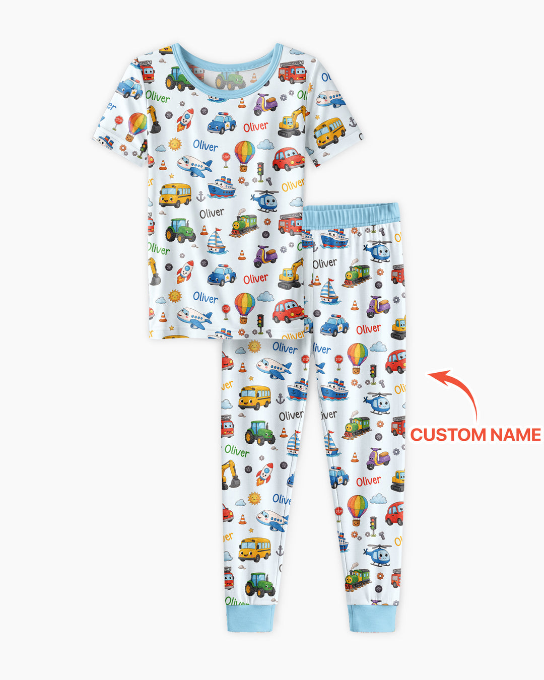 Custom Name Cute Transport Bamboo Two Piece Short Sleeve Pajama Set