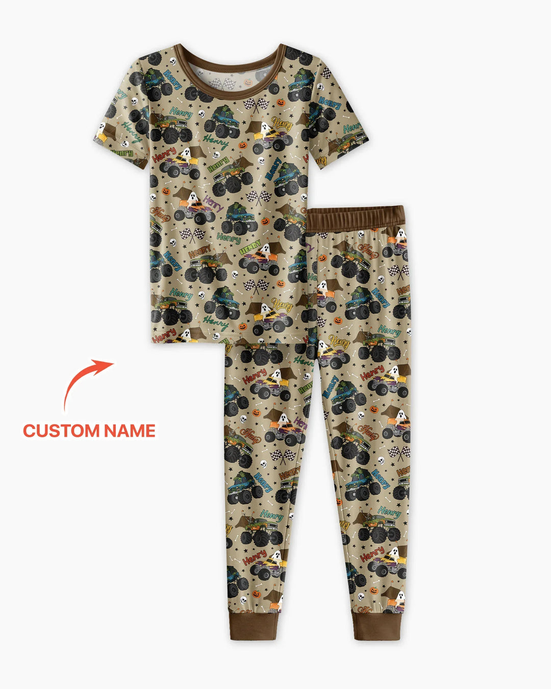 Custom Name Halloween Creepy Crusher Family Matching Bamboo Two Piece Short Sleeve Pajama Set
