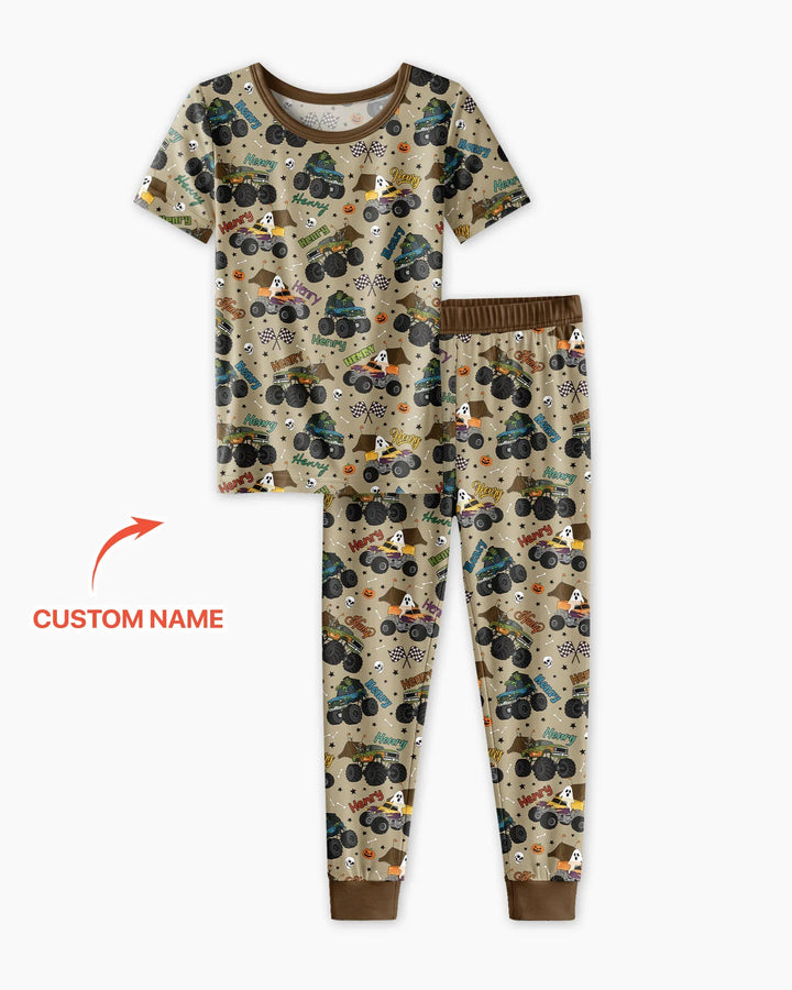 Custom Name Halloween Creepy Crusher Family Matching Bamboo Two Piece Short Sleeve Pajama Set