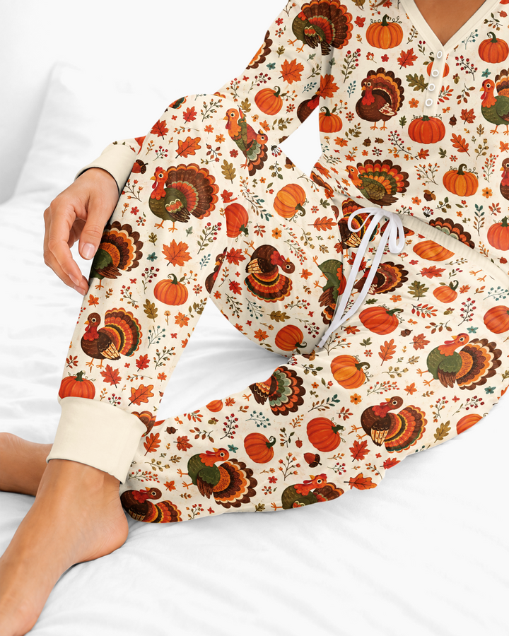 Turkey Autumn Pumpkin Bamboo Women Pajama Set