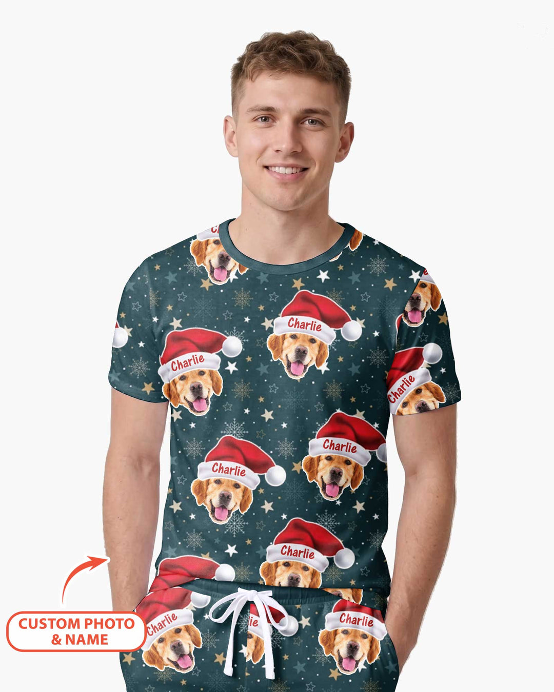 Custom Dog Photo Santa Claus Bamboo Men Short Sleeve Short Pajama Set