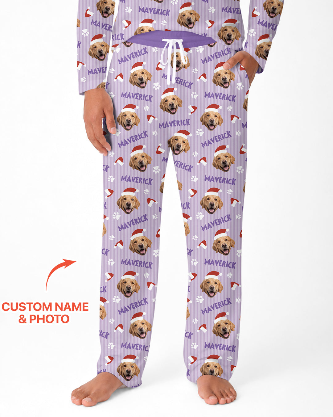 Custom Pet Photo Christmas Paws Stripe Bamboo Men's Pajama Set