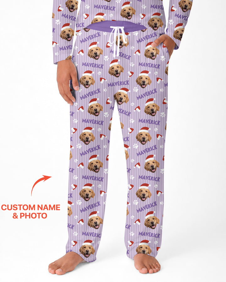 Custom Pet Photo Christmas Paws Stripe Bamboo Men's Pajama Set