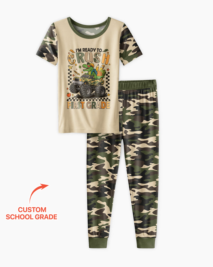 Back To School Monster Truck Dino Bamboo Two Piece Short Sleeve Pajama Set