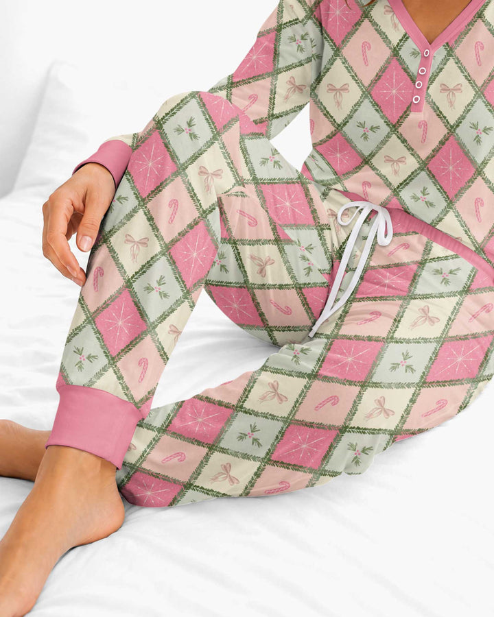 Pink Christmas Patchwork Mommy & Me Matching Bamboo Women Pajama Set