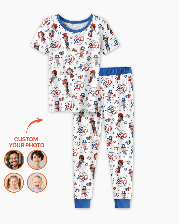 Custom Photo Smith Family Celebration  Bamboo Two Piece Short Sleeve Pajama Set