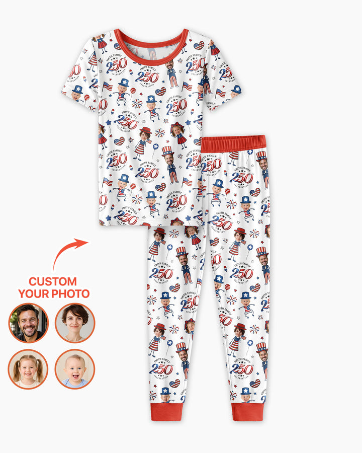 Custom Photo Smith Family Celebration  Bamboo Two Piece Short Sleeve Pajama Set