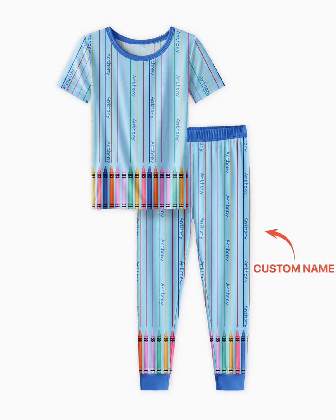 Custom Name Crayon Lines Bamboo Two Piece Short Sleeve Pajama Set
